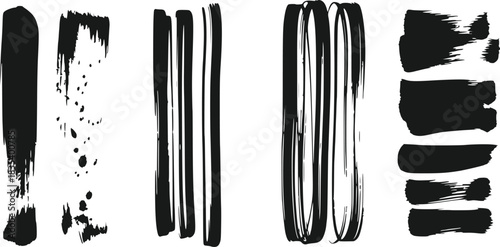 Collection of Black Ink Brush Strokes and Splatters Isolated on Transparent Background