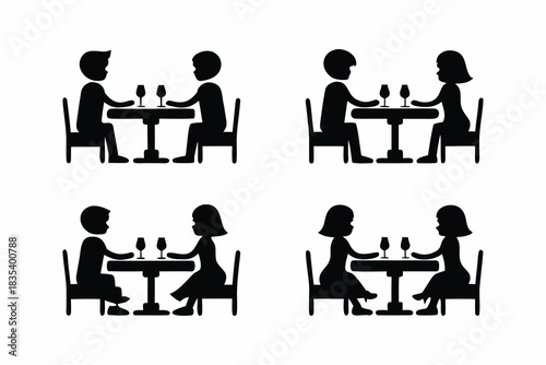 set of Couple on romantic dinner icon silhouette vector illustration isolated on white background