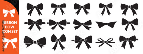 Ribbon bow icon set, vector coquettish cute knot, romantic love doodle vintage accessory collection. Holiday gift decoration silhouette, birthday elegant design element. Feminine Valentine ribbon set 