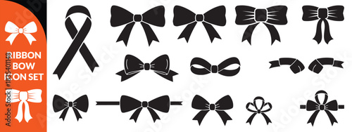 Ribbon bow icon set, vector coquettish cute knot, romantic love doodle vintage accessory collection. Holiday gift decoration silhouette, birthday elegant design element. Feminine Valentine ribbon set 