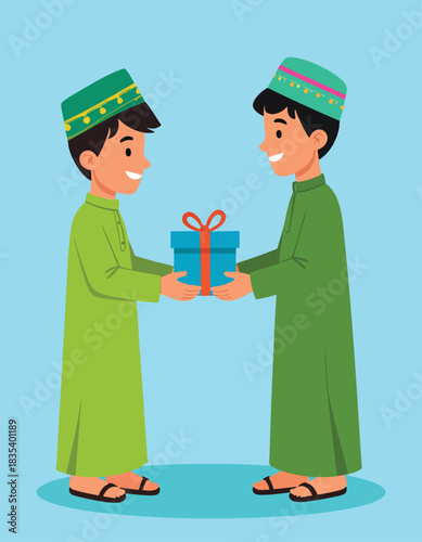 Two smiling figures exchanging a wrapped gift box, celebrating a festive occasion.