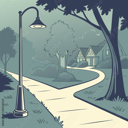 A vintage style illustration of a suburban street with a lit lamppost and a winding path leading to a house