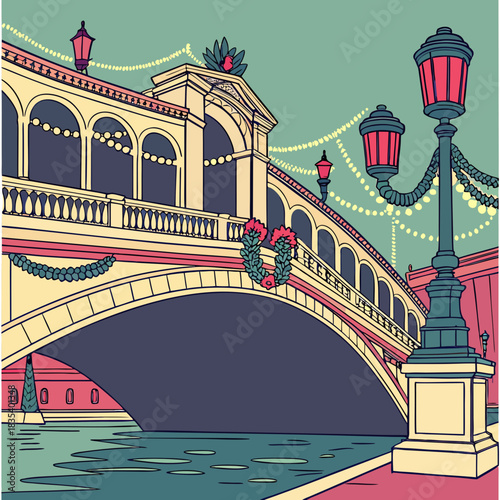 Venetian rialto bridge illuminated by festive lights and adorned with floral garlands during a celebration