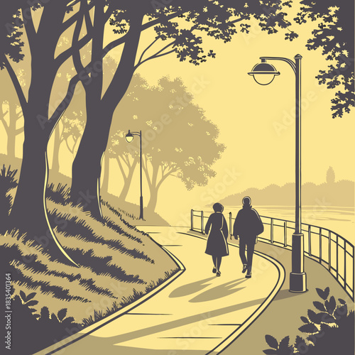 Couple walking along a scenic park path beside a calm lake with trees and lampposts casting shadows