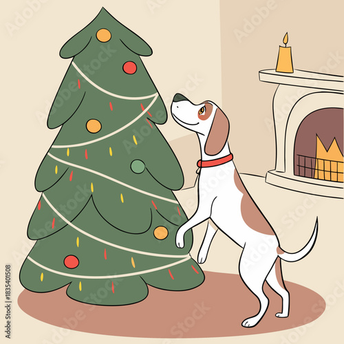 Curious dog with brown spots on white fur stands on hind legs looking at a decorated christmas tree by a fireplace