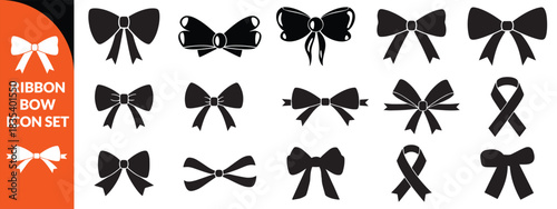 Ribbon bow icon set, vector coquettish cute knot, romantic love doodle vintage accessory collection. Holiday gift decoration silhouette, birthday elegant design element. Feminine Valentine ribbon set 