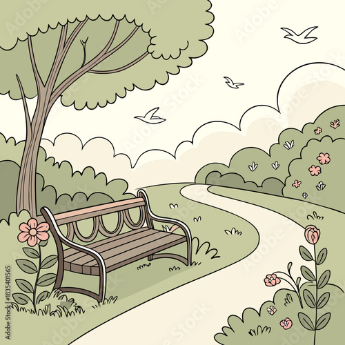 A charming hand drawn illustration of a park bench situated under a large tree beside a winding path