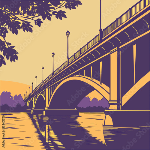 Artistic illustration of a grand arched bridge with street lamps reflected in the calm water below