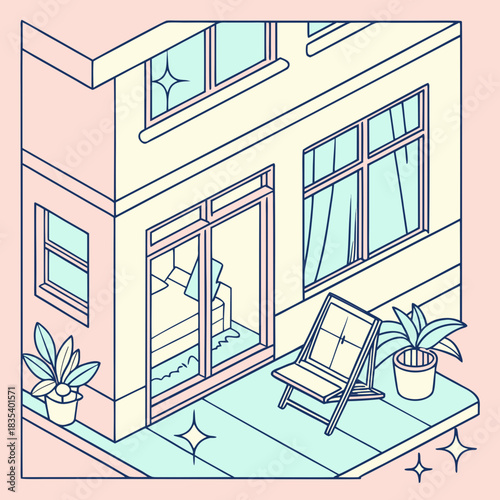 Isometric illustration of a modern apartment building exterior with a balcony deck chair and potted plants