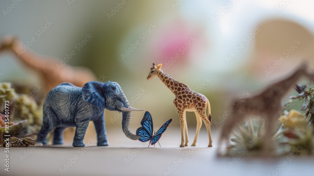Fototapeta premium Enchanting Safari Miniature Encounter: Elephant, Giraffe and Butterfly Meeting