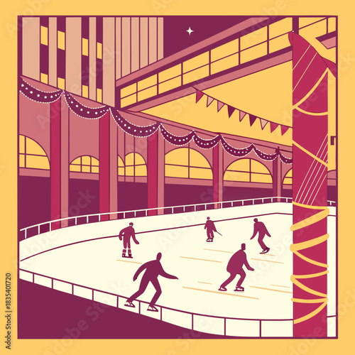 Stylized illustration of people ice skating in a city square at night with festive decorations and buildings in the background