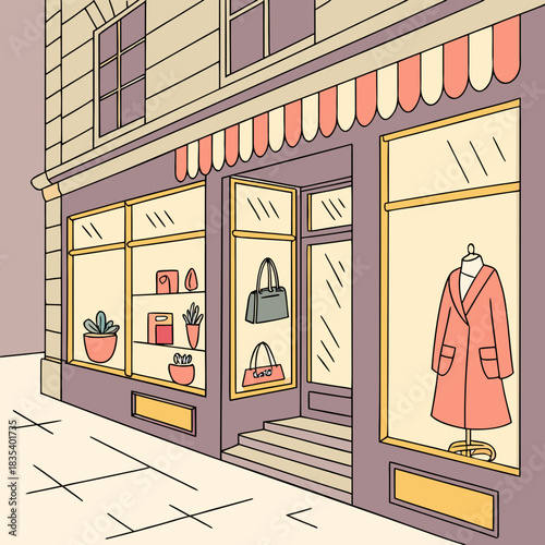 Charming cartoon illustration of a stylish boutique storefront with clothing and accessories displayed in windows