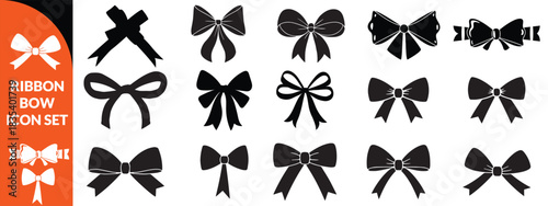 Ribbon bow icon set, vector coquettish cute knot, romantic love doodle vintage accessory collection. Holiday gift decoration silhouette, birthday elegant design element. Feminine Valentine ribbon set 