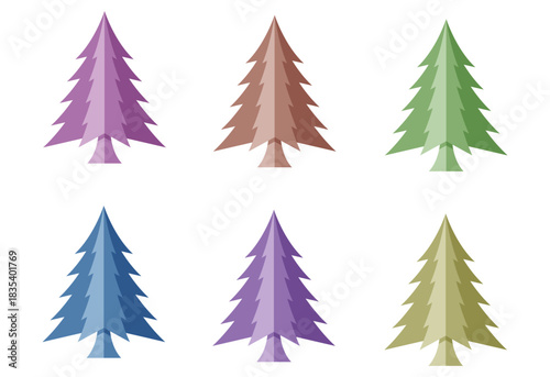 Set of six stylized, colorful, minimalist pine Christmas trees with layered branches on white background.