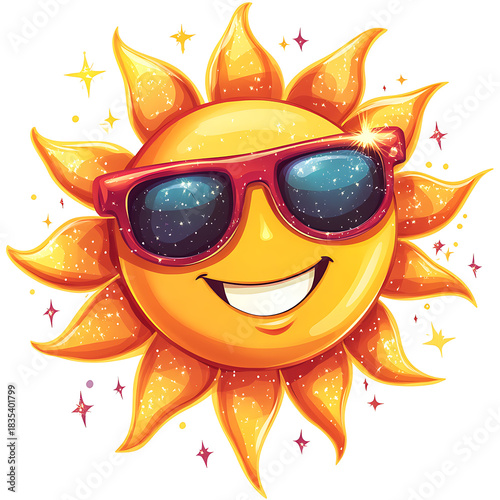 Happy cartoon sun wearing sunglasses and shining brightly