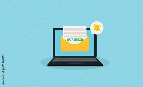 Laptop with a bell notification and verify mail. .Reminder on desktop. New message notification 