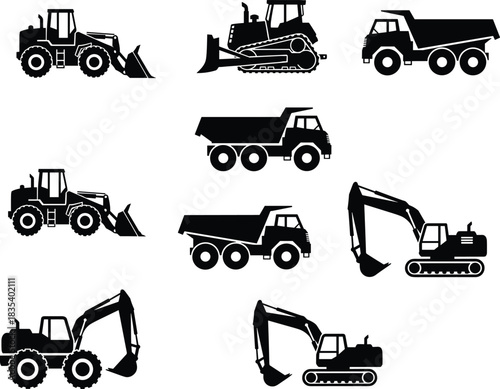 Set of black silhouettes featuring heavy construction machinery and equipment, including excavators, dump trucks, wheel loaders, and bulldozers, used for civil engineering and industrial sites vector.