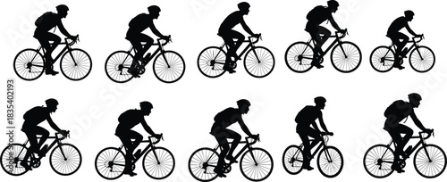Set of black silhouettes of cyclists riding road bikes, men with helmets and backpacks, isolated on white background