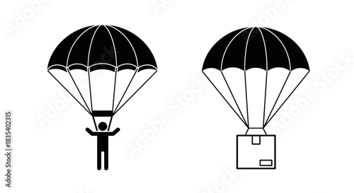 Parachute Icon Set – Minimal Skydiver and Air Drop Package Symbols for Delivery and Adventure Graphics