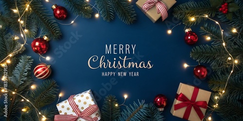 Festive merry christmas greeting framed by glowing lights evergreen branches red ornaments and wrapped gifts on a dark blue background