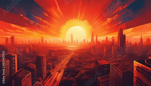 heatwave over a city bright sun global warming urban heat island generative ai