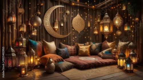 Warm, lit interior with lanterns and cushions