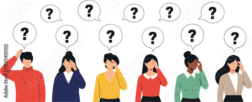 Diverse group of thoughtful people scratching their heads with question marks, symbolizing confusion, problem solving, searching, and business inquiry vector