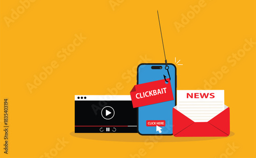 Clickbait message.Clickbait concept with smartphone and fishing hook on message 