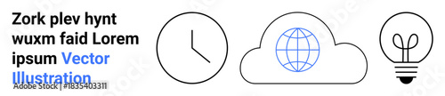 Technology, innovation, cloud services, data sharing, time management, digital solutions. A clock, cloud with globe and light bulb concepts. Cloud services and innovation