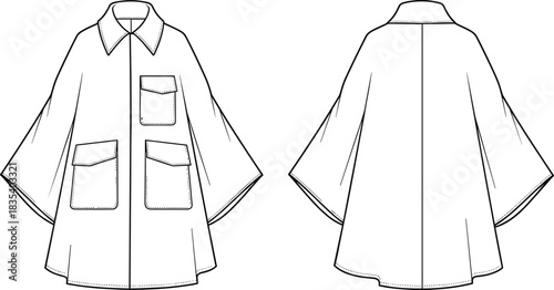 Technical Drawing of a Women's Cropped Hoodie Sweatshirt Vector Illustration, Front and Back Flat Sketch with Dropped Puff Sleeves for Fashion Apparel Design and Production,