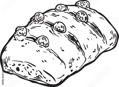 A loaf of bread with blueberries on top, set against a white background.
