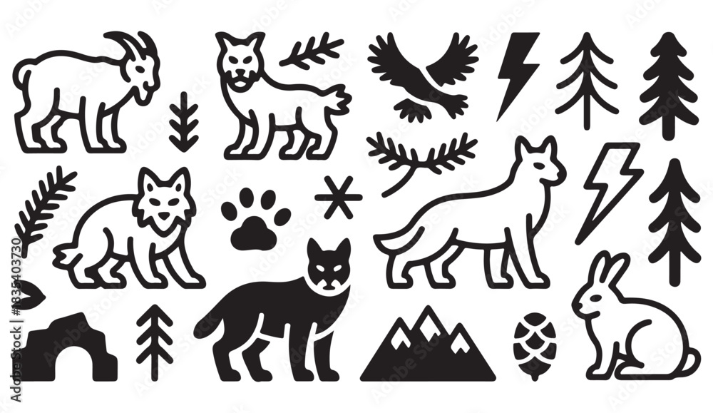 Obraz premium Vector wildlife silhouette collection with forest animals, tracks, pine trees, and rugged nature motifs.