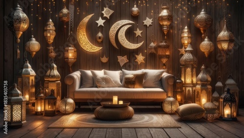 Warm, inviting room with decorative lanterns and wall decor