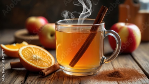 Warm spiced apple cider in a glass mug
