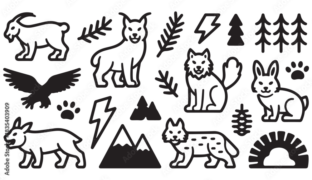 Naklejka premium Minimal black solid wilderness icons featuring animals, trees, mountains, and outdoor adventure elements.
