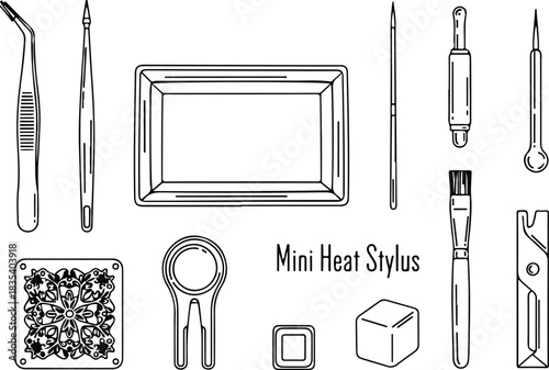 Crafting and Detail Work Tools Icon Set - Heat Stylus, Tweezers, Magnifier, and Embellishment Instruments