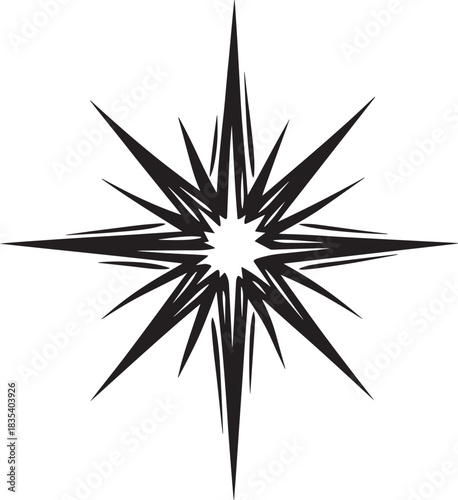 A black and white star with sharp, jagged edges and a central point.
