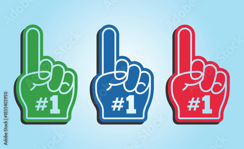 Colorful Foam Fingers Vector Set Featuring Number One Hand Gestures for Cheering, Team Spirit, Celebration, and Supporter Graphics Presented as Bold Sports Illustration Elements
