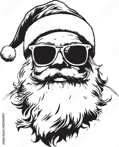 A black and white illustration of a Santa Claus with a beard and mustache, wearing a Santa hat and sunglasses, against a white background.