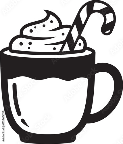 A black and white illustration of a mug filled with a creamy beverage, topped with whipped cream and a candy cane, set against a plain white background.