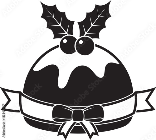 A black and white illustration of a Christmas pudding with holly and berries on top.