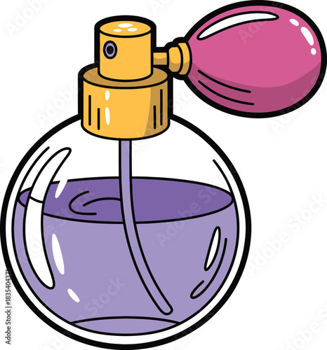 Vintage perfume bottle with pink bulb atomizer and purple liquid retro fragrance