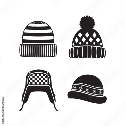 Four different types of hats, including a striped hat, a knitted hat with a pom pom, a knitted hat with a pattern, and a knitted hat with a checkered pattern.