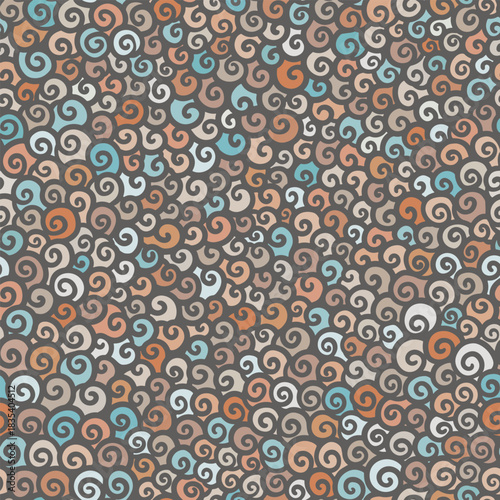 Soft boho swirl seamless pattern with hand drawn curls in faded blue, terracotta and beige tones for cozy decor