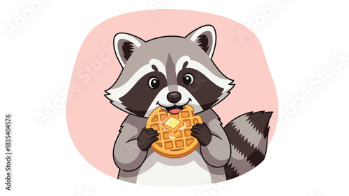 Adorable cartoon raccoon happily biting into a delicious buttery breakfast waffle illustration
