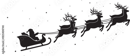 A black and white silhouette of Santa Claus in a sleigh being pulled by reindeer against a starry night sky.