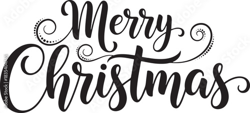 A black and white Christmas card with the words 'Merry Christmas' written in cursive script.