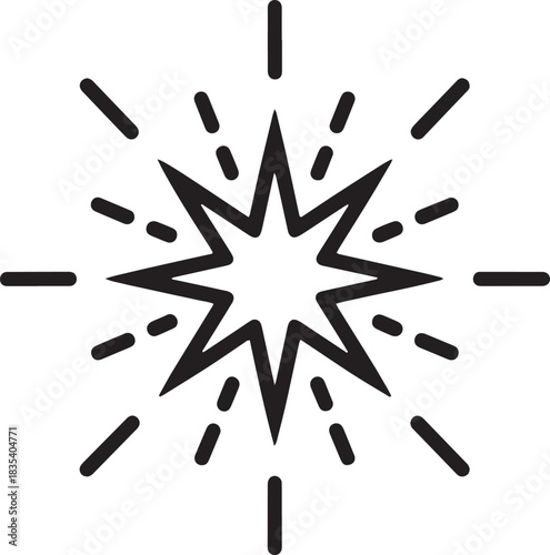 A black and white illustration of a star with rays emanating from its center.