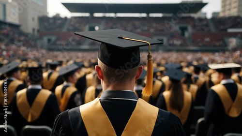 close-up of the back view, man wearing a black and gold graduation cap and gown stands in front of an open-air auditorium filled with other students at their ceremony, blurred background