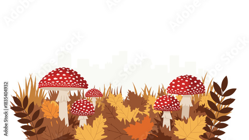 Vibrant red spotted toadstools emerge from autumn leaves against a subtle city skyline backdrop